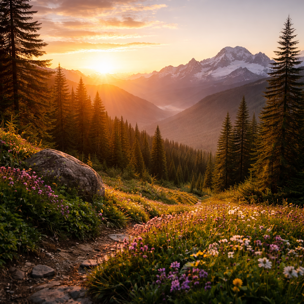 Warm sunset light over Pacific Northwest mountain forest with evergreen trees, wildflowers, and a peaceful trail symbolizing grounding and nervous system regulation.