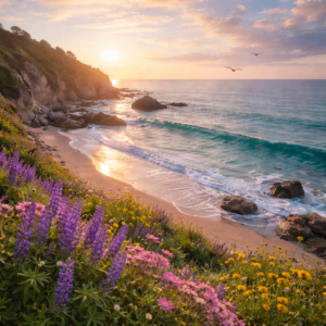 Spring ocean coastline with blooming coastal lupine and wildflowers on a cliff above turquoise waves at sunset, symbolizing natural flow, relaxation, and healing in nature.