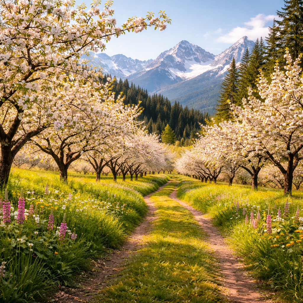A sunlit Pacific Northwest orchard in full spring bloom, with rows of apple trees covered in soft white and pink blossoms. A narrow dirt path winds through tall green grass and wildflowers, leading toward dense evergreen forests and snow-capped mountains in the distance beneath a clear blue sky.