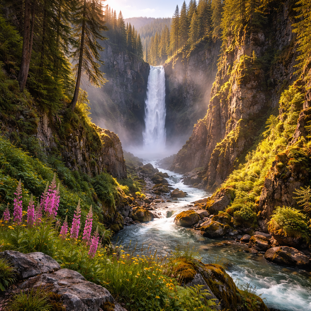A dramatic waterfall plunges into a rocky canyon river surrounded by moss covered cliffs and tall evergreen trees near Eugene, Oregon. Sunlight filters through the forest canopy while mist rises from the base of the falls, creating a peaceful yet powerful Pacific Northwest landscape.