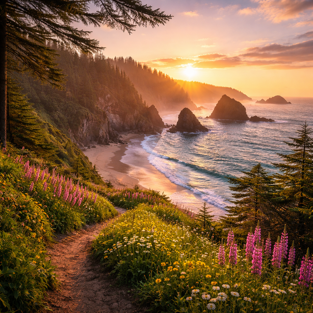 Golden sunset light spreads across the Oregon Coast, illuminating rocky sea stacks rising from the ocean. Waves roll onto a sandy cove below evergreen covered cliffs, while pink and yellow wildflowers bloom along a coastal trail in the foreground.