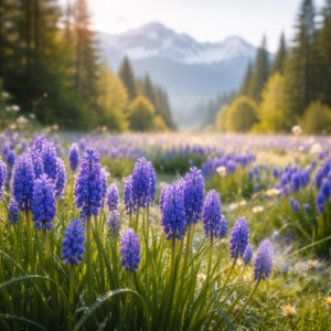 Field of blooming purple grape hyacinths in a Pacific Northwest meadow with soft morning sunlight, evergreen trees, and distant mountains, evoking calm, natural movement and sensory awareness.