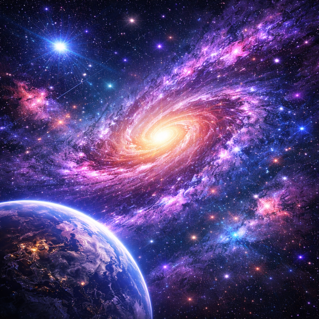 Colorful spiral galaxy with glowing stars and Earth in the foreground, representing cosmic connection, energy, and the vastness of space.