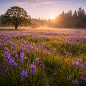Pacific Northwest meadow filled with blooming purple camas flowers at golden sunrise, soft mist drifting through grasses and oak trees, capturing serene spring landscape beauty.