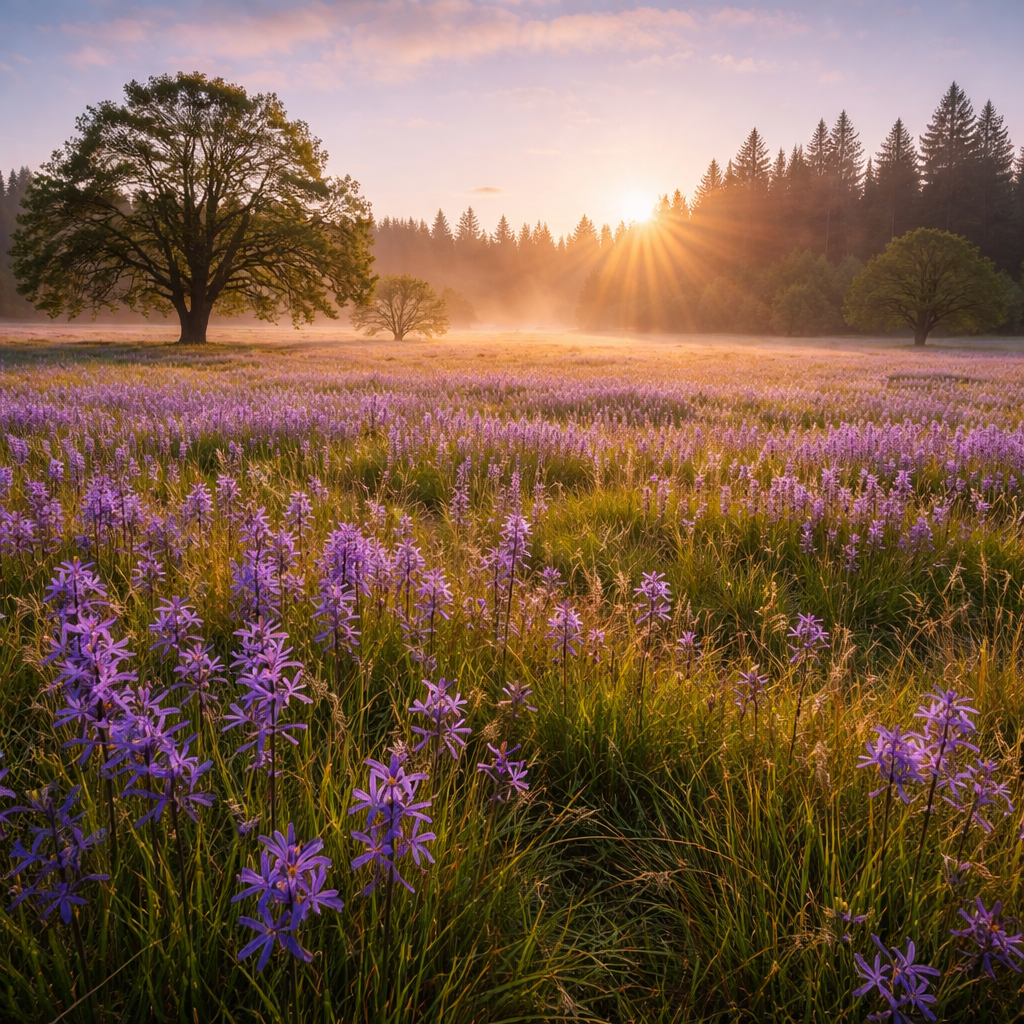 Pacific Northwest meadow filled with blooming purple camas flowers at golden sunrise, soft mist drifting through grasses and oak trees, capturing serene spring landscape beauty.