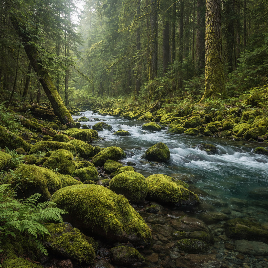 Mossy Pacific Northwest riverbank with clear flowing water, ferns, and Douglas fir trees in soft forest light, creating a calm and natural woodland scene.