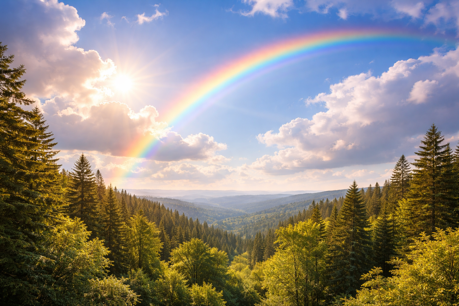 Rainbow arching across a bright sky over evergreen forest and rolling hills, with warm sunlight and soft clouds creating a peaceful Pacific Northwest landscape.