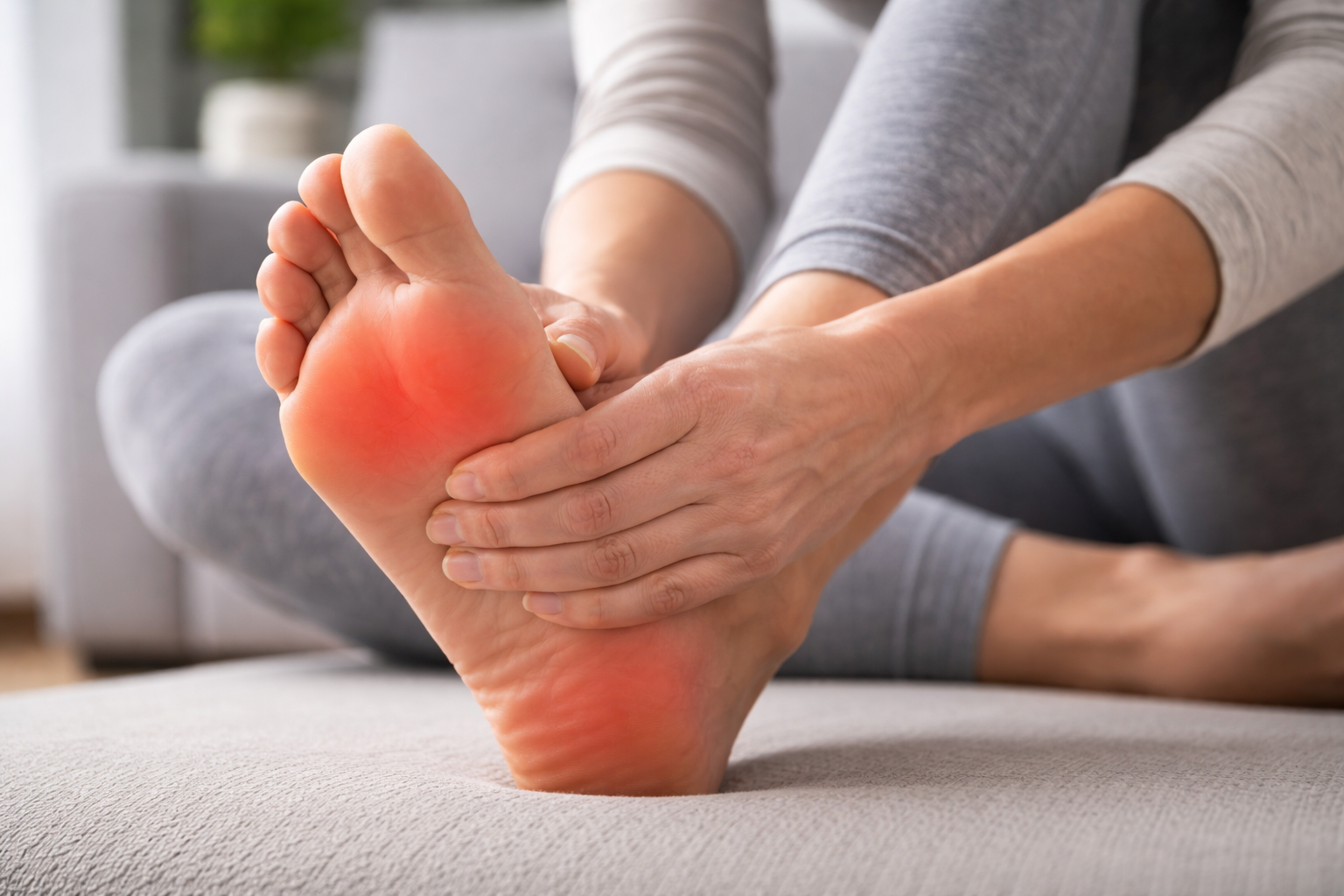 Close-up of person holding their foot with highlighted heel pain, representing plantar fasciitis and foot pain relief through physical therapy in Eugene, Oregon.