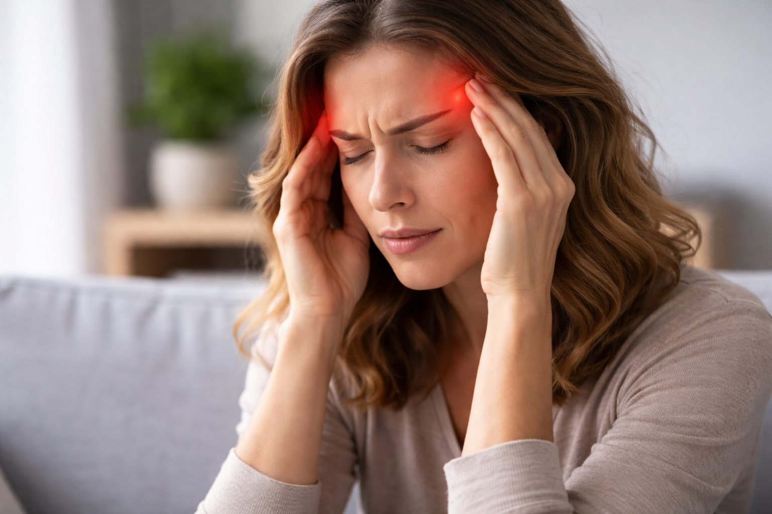 Woman holding her temples with visible tension, representing headache and migraine pain and relief through somatic physical therapy in Eugene, Oregon.