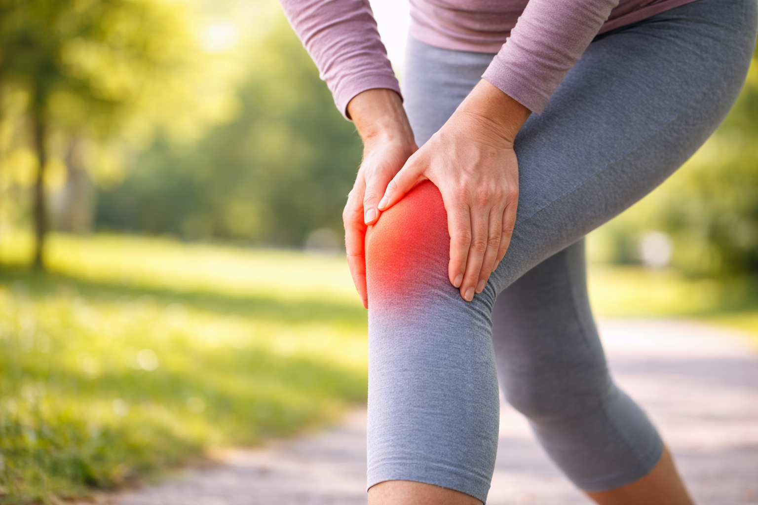 Close-up of person holding their knee with visible pain area, representing knee pain relief and physical therapy treatment in Eugene, Oregon.