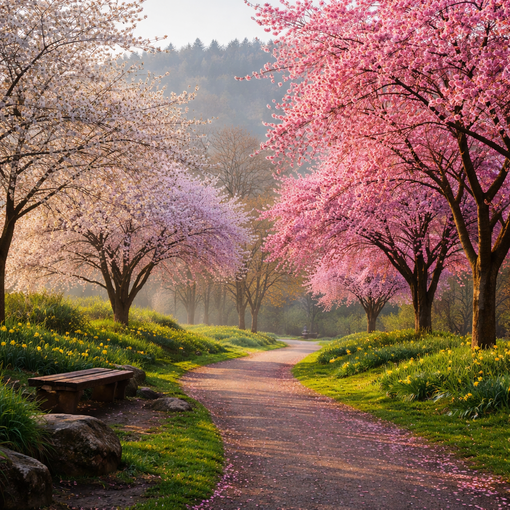 A peaceful spring pathway in Eugene, Oregon lined with blooming pink and white plum trees, soft morning light filtering through blossoms, petals scattered along a winding path through a lush Pacific Northwest park.