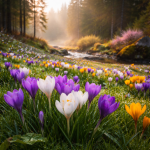 A peaceful spring meadow in the Pacific Northwest filled with blooming purple, white, and yellow crocuses beside a small forest stream, with soft morning light and evergreen trees in the background.
