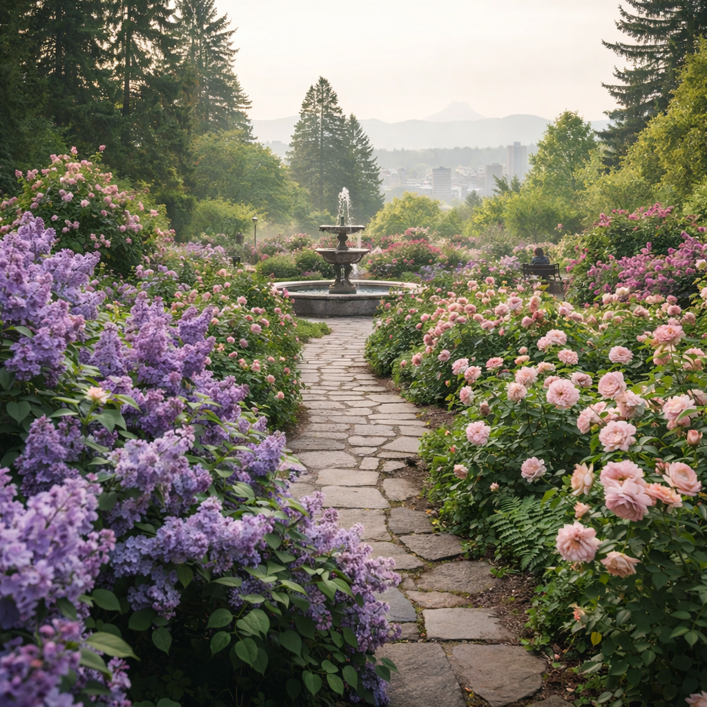 Lush spring rose and lilac garden in a peaceful Pacific Northwest park, featuring blooming flowers, a stone path, and a central fountain with soft cityscape in the distance near Eugene, Oregon.