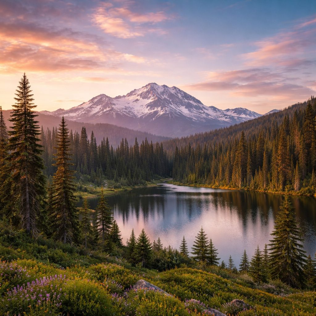 Scenic Cascade Mountain landscape in Oregon with a snow-capped peak, evergreen forest, and reflective alpine lake under a soft, colorful sunset sky, representing calm and natural healing.