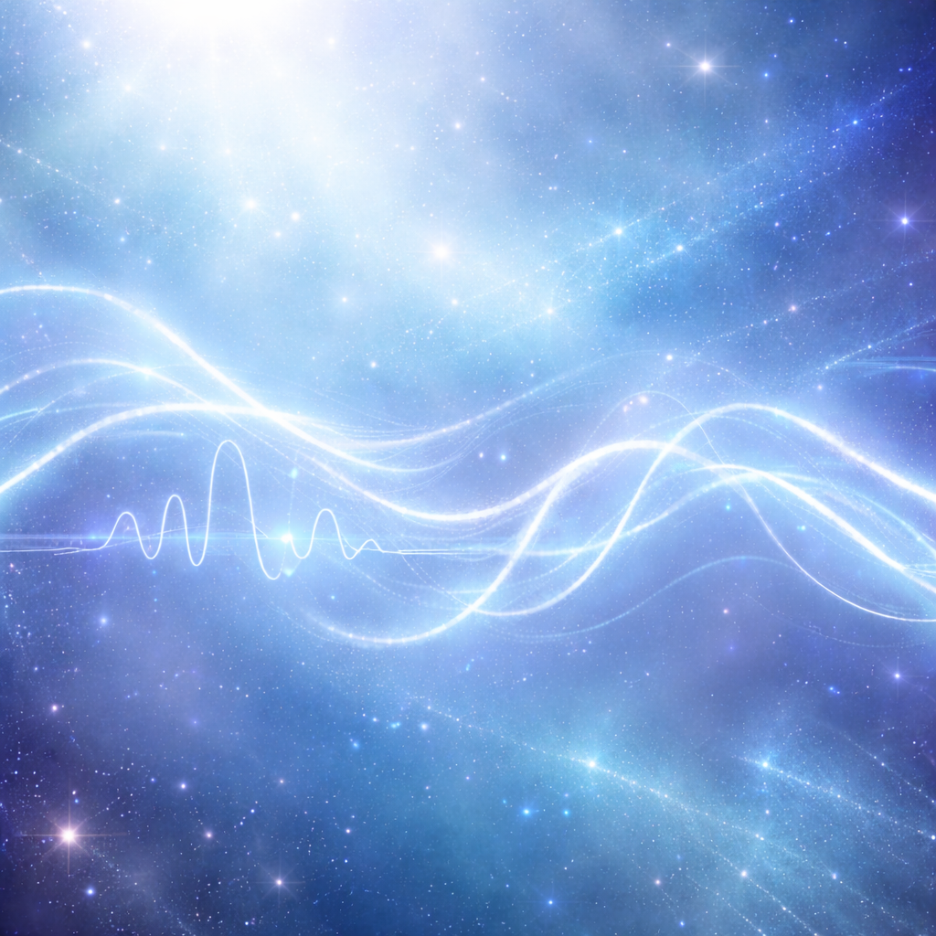 Cosmic energy waves flowing through a star-filled sky with glowing light frequencies and soft blue tones, representing microcurrent therapy and cellular healing in Eugene, Oregon.