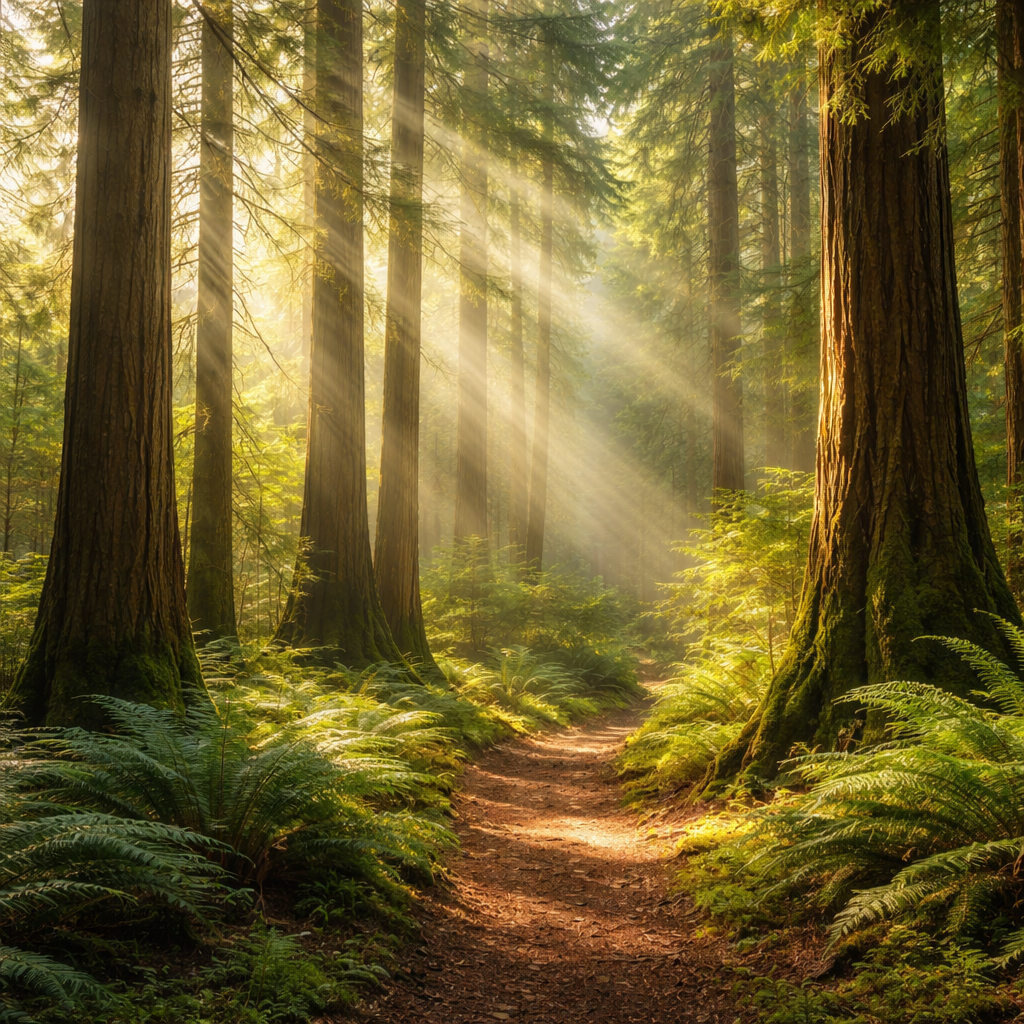 Sunlit cedar forest grove in Eugene, Oregon with tall trees, lush green ferns, and soft morning light filtering through the canopy, creating a peaceful and calming natural environment.