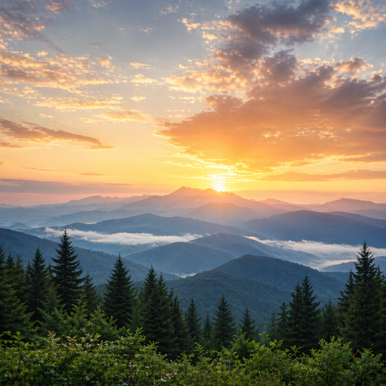 Sunrise over layered mountain ranges with soft mist and evergreen forest in the foreground, representing calm, healing, and natural pain relief in the Pacific Northwest