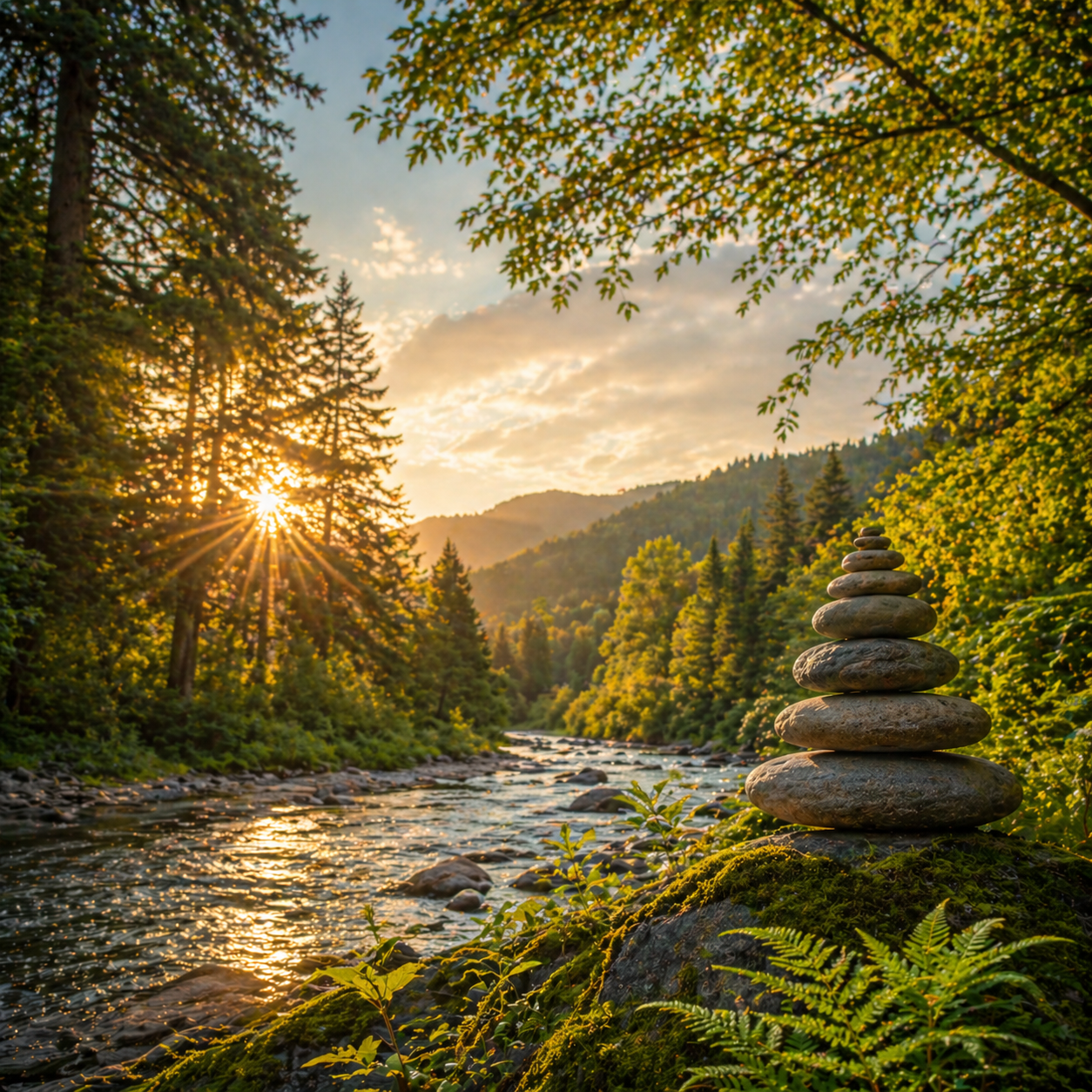 Sunlit Pacific Northwest forest in Eugene, Oregon with a flowing river, evergreen trees, and a stacked stone cairn symbolizing balance and natural healing.