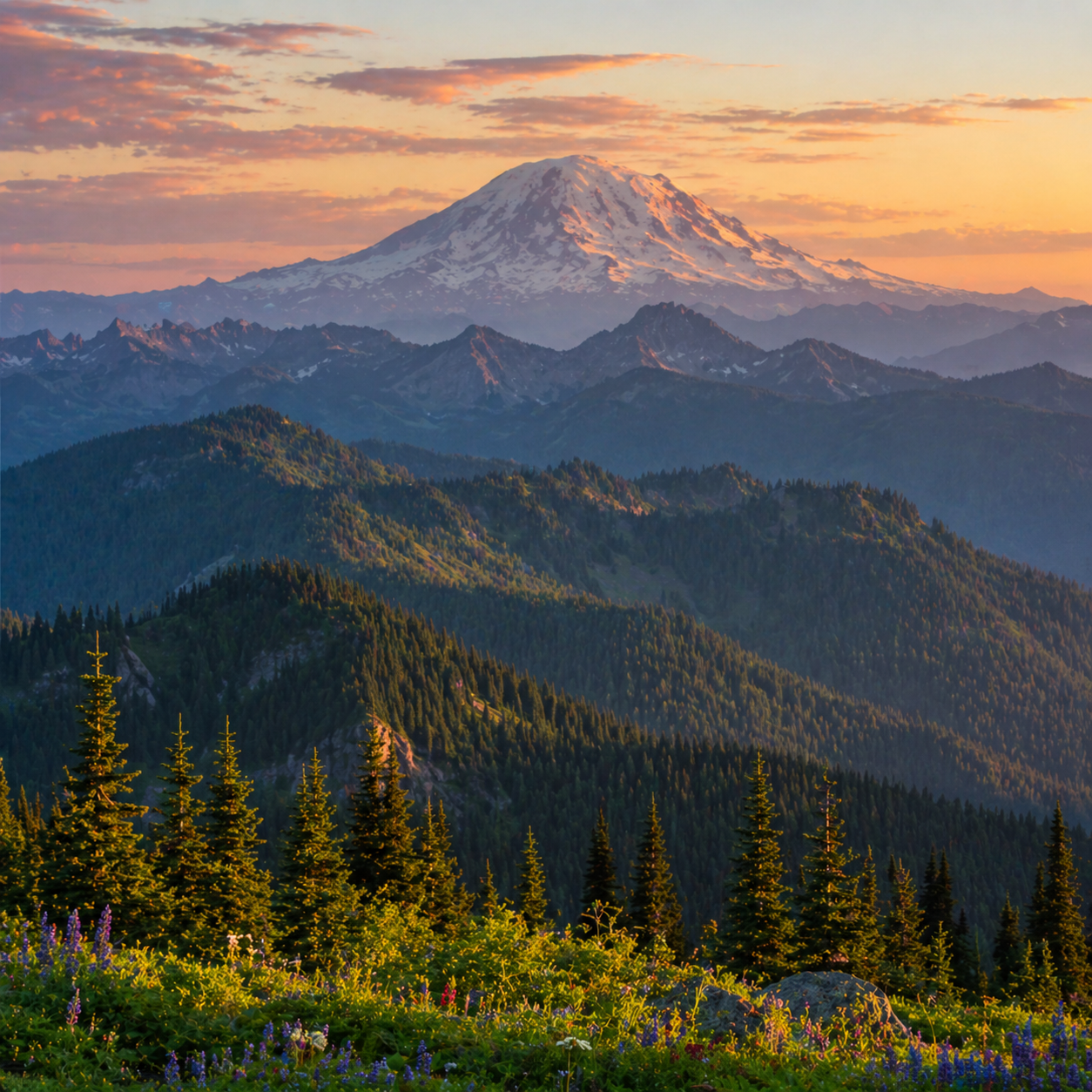 Snow-capped Mount Rainier rising above layered evergreen mountains at sunrise, with wildflowers in the foreground, representing the natural beauty surrounding Eugene, Oregon.