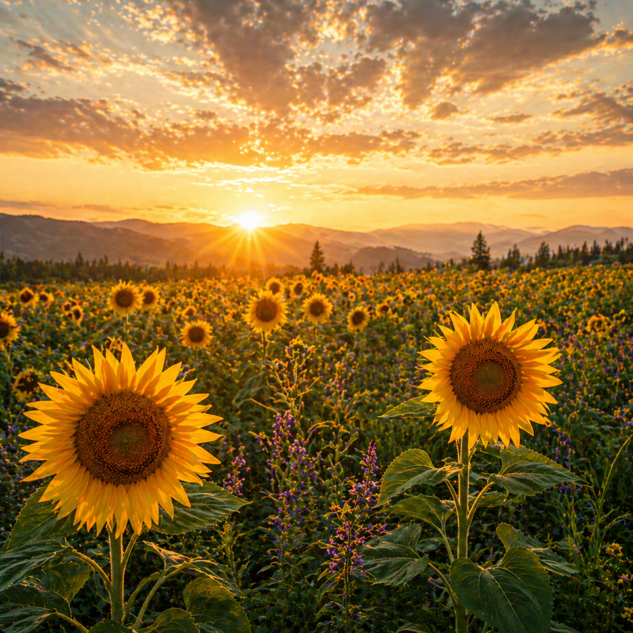 Snow-capped Mount Rainier rising above layered evergreen mountains at sunrise, with wildflowers in the foreground, representing the natural beauty surrounding Eugene, Oregon.