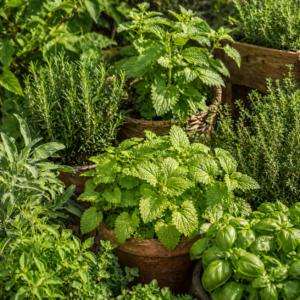 A vibrant herb garden in Eugene, Oregon featuring lush green plants like mint, lemon balm, basil, and rosemary growing in rustic pots under warm natural sunlight, creating a peaceful and nourishing outdoor setting.