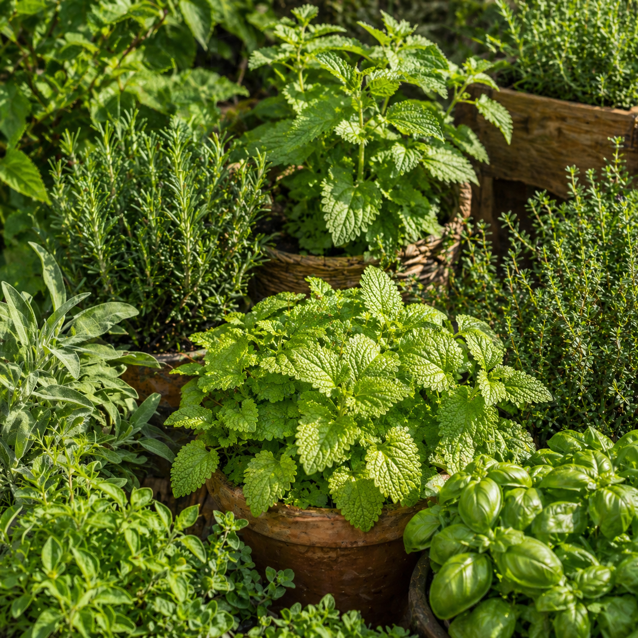 A vibrant herb garden in Eugene, Oregon featuring lush green plants like mint, lemon balm, basil, and rosemary growing in rustic pots under warm natural sunlight, creating a peaceful and nourishing outdoor setting.