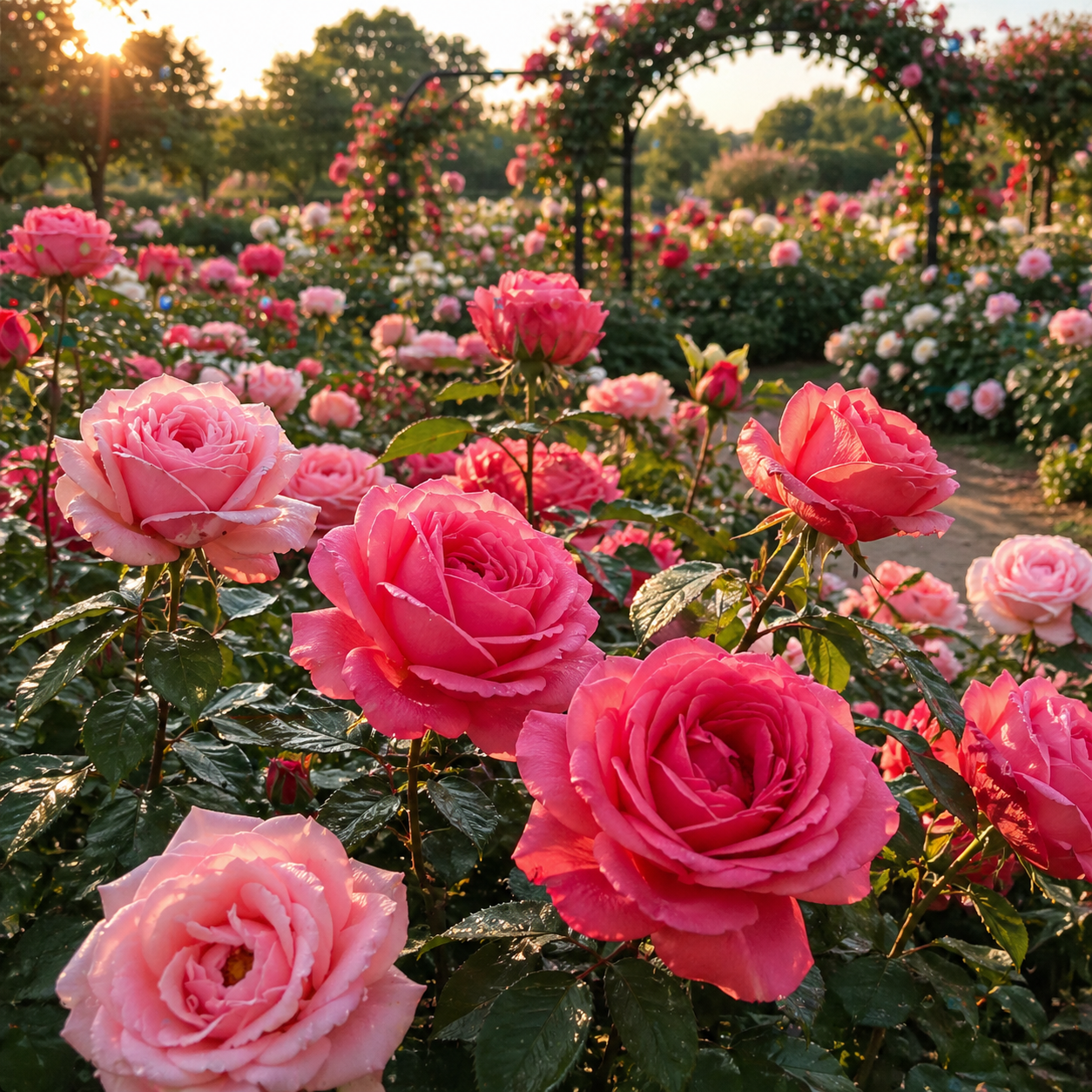 Vibrant rose garden filled with blooming pink and coral roses in warm sunlight, surrounded by lush greenery, creating a peaceful natural setting ideal for wellness and healing in Eugene, Oregon.
