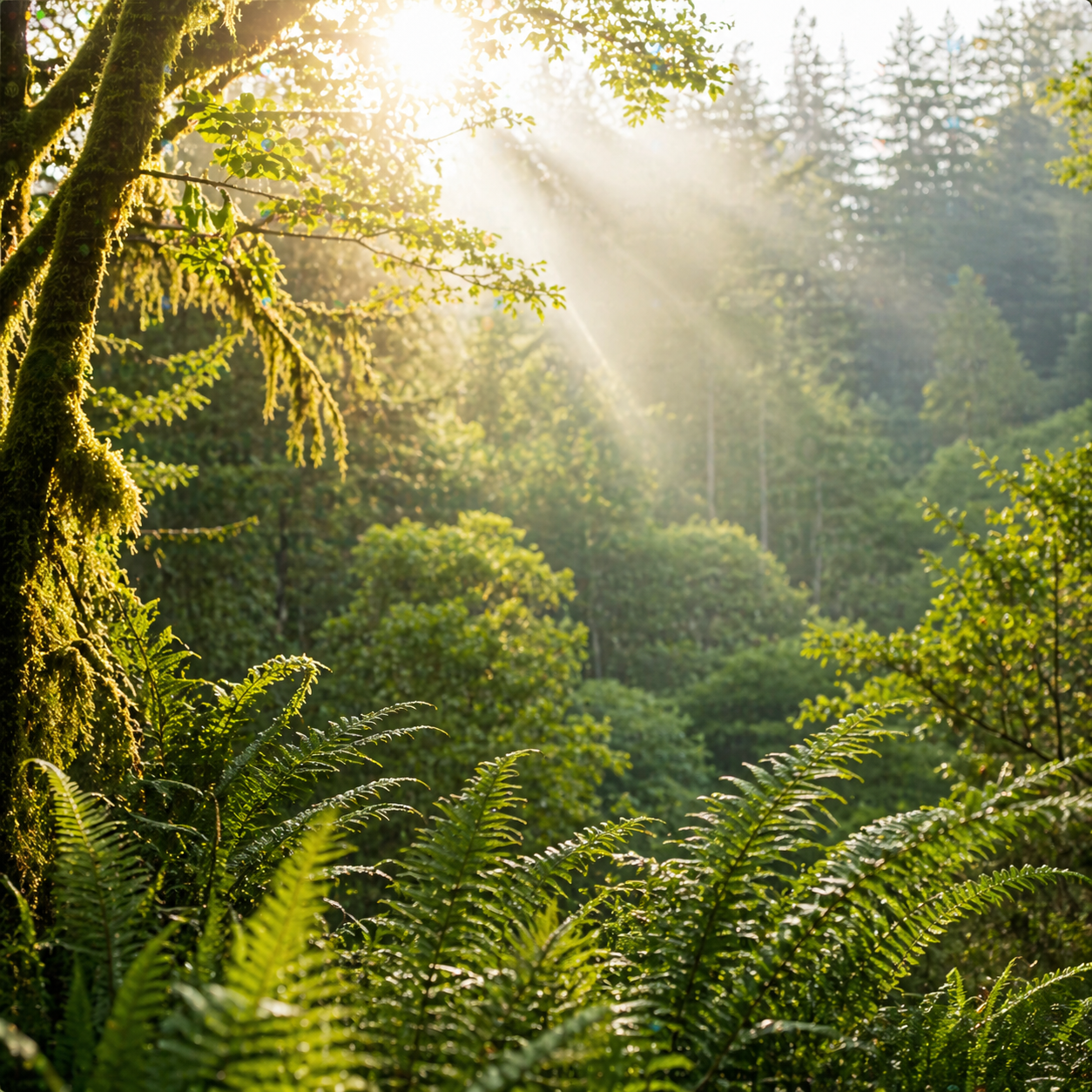 A serene Pacific Northwest forest scene in Eugene, Oregon featuring warm sunlight filtering through evergreen trees and soft beams of light illuminating vibrant green ferns and moss below. The image evokes a calm, healing atmosphere reflective of nature-based wellness and restorative care.