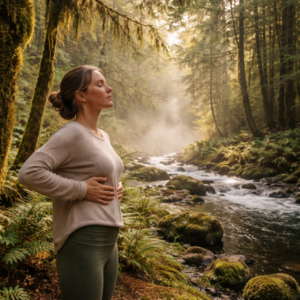 Woman practicing calm breathing beside a peaceful forest river with soft sunlight filtering through mossy trees in the Pacific Northwest near Eugene, Oregon, evoking relaxation and nervous system regulation.