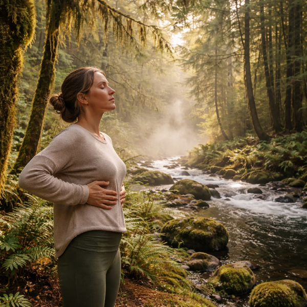 Woman practicing calm breathing beside a peaceful forest river with soft sunlight filtering through mossy trees in the Pacific Northwest near Eugene, Oregon, evoking relaxation and nervous system regulation.