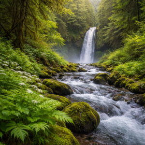 Waterfall cascading through a lush Pacific Northwest forest into a rocky stream, with moss-covered stones, ferns, and dense greenery in Eugene, Oregon.
