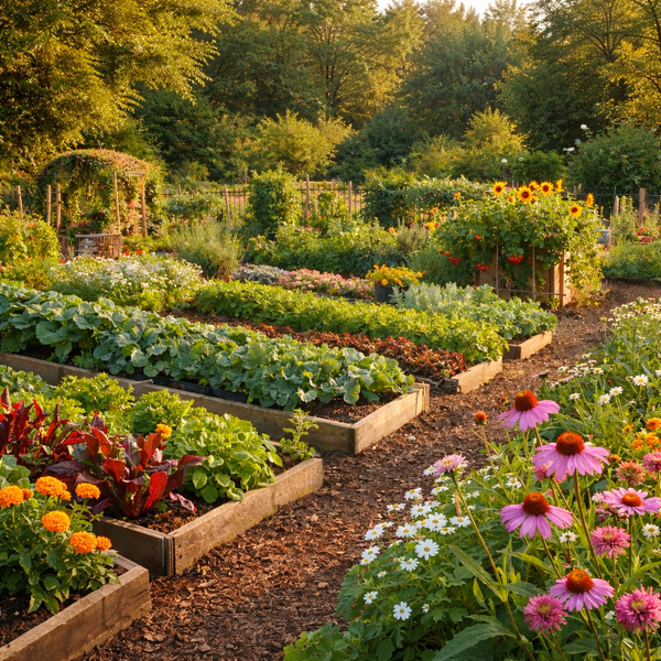 Lush urban garden with raised beds of vegetables and flowers, surrounded by greenery and sunlight, representing biodiversity and natural ecosystem balance in Eugene, Oregon.