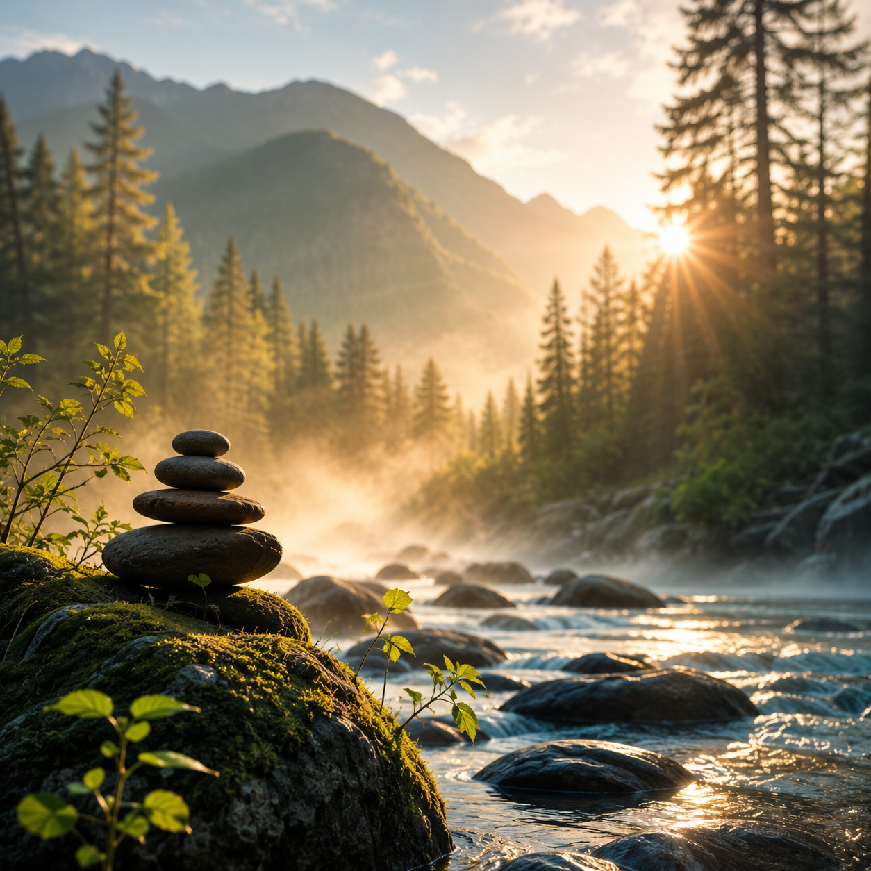 Golden sunrise shines through a peaceful Pacific Northwest forest with mist rising over a flowing river. Moss-covered rocks, evergreen trees, and stacked balance stones create a calming natural scene focused on relaxation, grounding, and nervous system healing.
