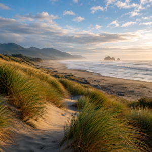 Peaceful Oregon Coast ocean scene featuring rolling sand dunes covered in beach grass, soft waves along the shoreline, distant sea stacks, and golden Pacific Northwest sunset light near Eugene, Oregon.