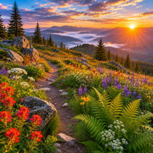 Pacific Northwest mountain prairie landscape featuring colorful wildflowers, lush green ferns, alpine meadow plants, evergreen trees, and a scenic ridgeline glowing in golden sunset light near Eugene, Oregon.