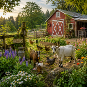 Charming Pacific Northwest farm scene in Oregon featuring a rustic red barn, garden flowers, green pasture, goats, chickens, wooden fencing, and lush countryside plants glowing in warm golden sunset light.