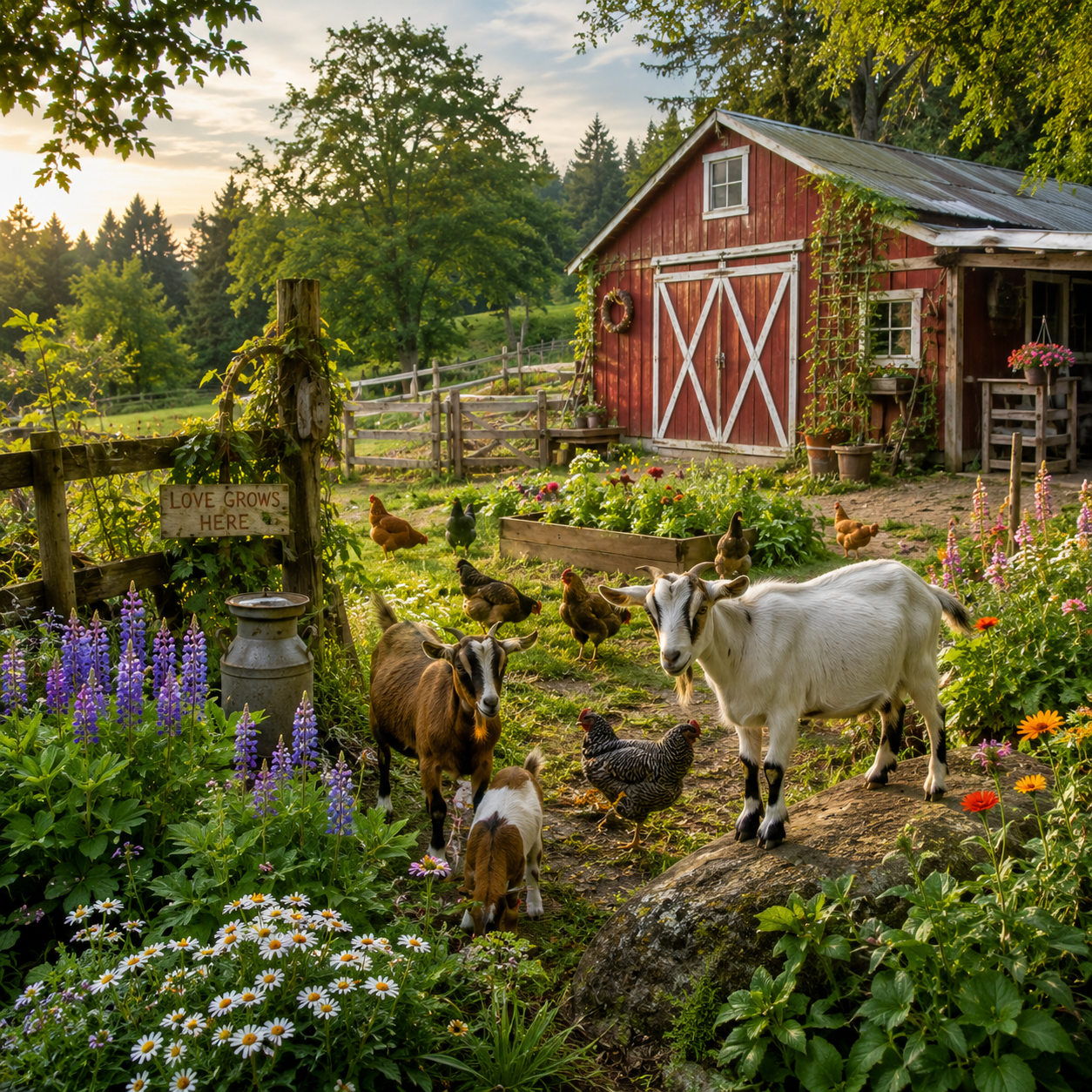 Charming Pacific Northwest farm scene in Oregon featuring a rustic red barn, garden flowers, green pasture, goats, chickens, wooden fencing, and lush countryside plants glowing in warm golden sunset light.
