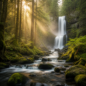 Pacific Northwest forest waterfall in Eugene, Oregon with sunlight streaming through evergreen trees, cascading water over mossy rocks, and a peaceful flowing stream