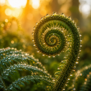 Fern fiddlehead covered in sparkling morning dew, illuminated by warm sunrise light in a Pacific Northwest forest.