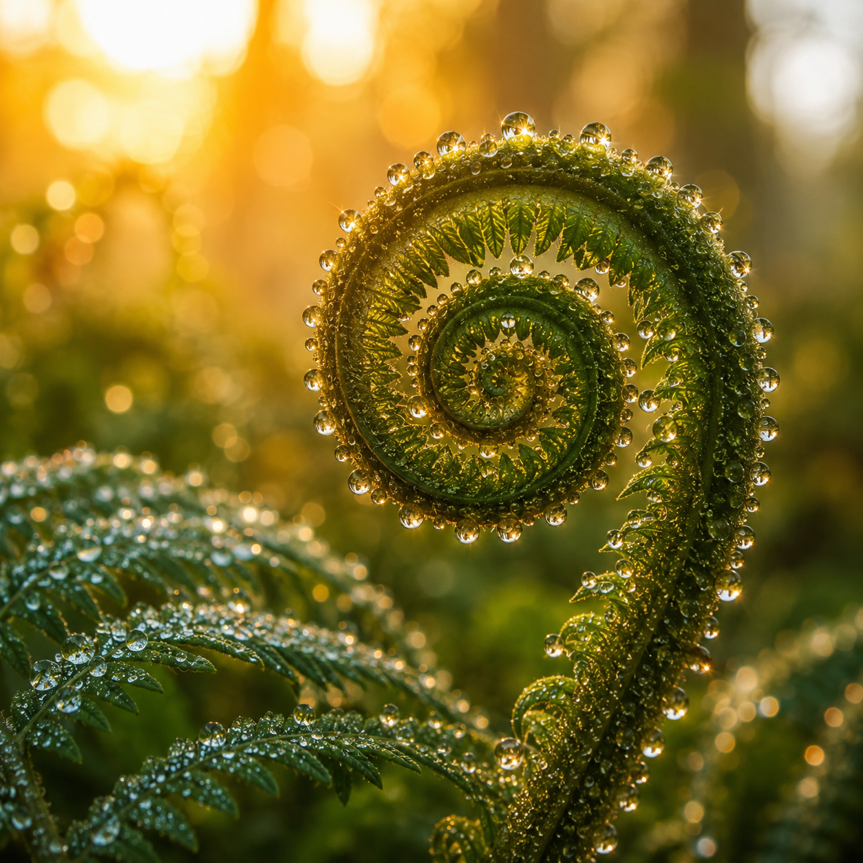 Fern fiddlehead covered in sparkling morning dew, illuminated by warm sunrise light in a Pacific Northwest forest.