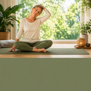 A woman sits cross-legged on a yoga mat in a peaceful, sunlit room while gently stretching her neck, illustrating a somatic approach to relieving chronic muscle tension. The upper portion of the image features calming wellness imagery and the title "Why Stretching Isn't Fixing Your Tight Muscles," while a soft sage green lower section provides visual balance. The image represents nervous system regulation, mindful movement, breathwork, and trauma-informed care for lasting relief from chronic tightness.