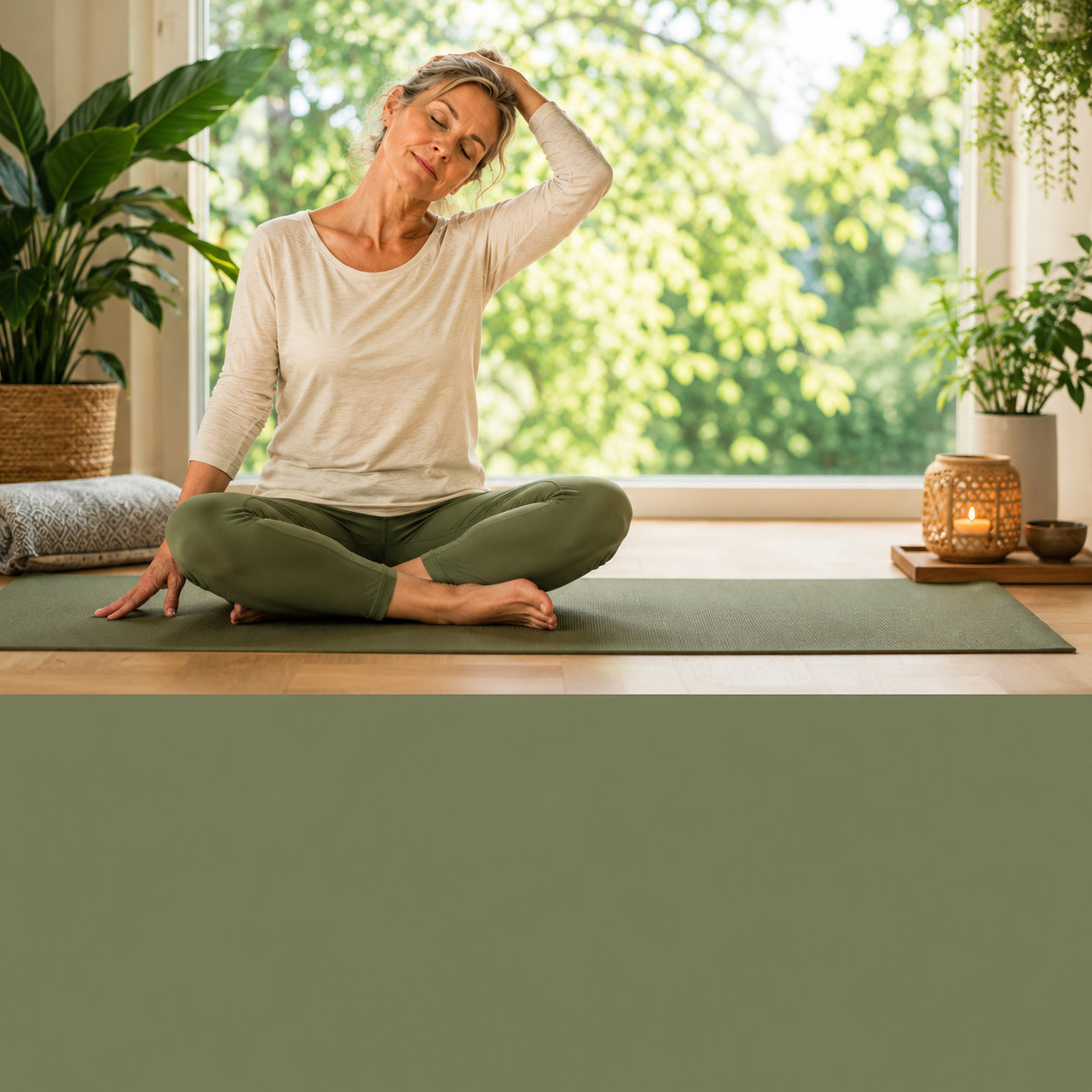 A woman sits cross-legged on a yoga mat in a peaceful, sunlit room while gently stretching her neck, illustrating a somatic approach to relieving chronic muscle tension. The upper portion of the image features calming wellness imagery and the title "Why Stretching Isn't Fixing Your Tight Muscles," while a soft sage green lower section provides visual balance. The image represents nervous system regulation, mindful movement, breathwork, and trauma-informed care for lasting relief from chronic tightness.