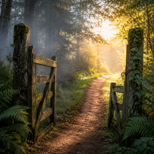 A peaceful Pacific Northwest forest scene featuring an old wooden gate standing open along a winding dirt path. The path leads from a shaded, misty woodland into a bright sunlit clearing filled with warm golden light. Moss-covered gateposts, ferns, and lush greenery frame the entrance, symbolizing a journey from fear and uncertainty toward safety, healing, and renewal. No people or text are present in the image.