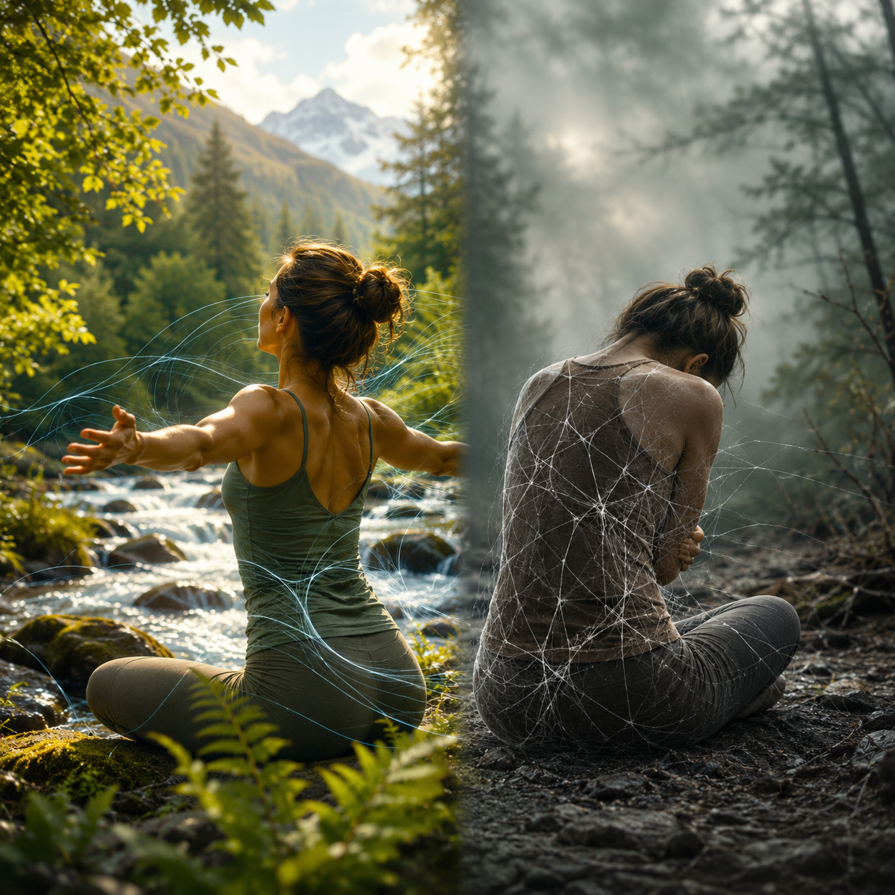 Split image showing fluid versus restricted fascia in a Pacific Northwest setting, symbolizing mobility and nervous system health.